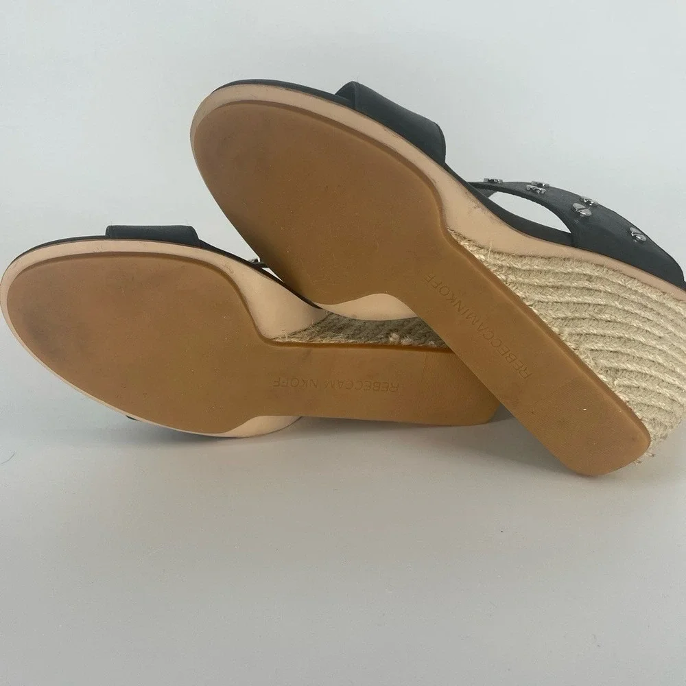 Rebecca Minkoff Black Leather‎ Emily Studded Espadrille Wedge Sandals Size 9.5